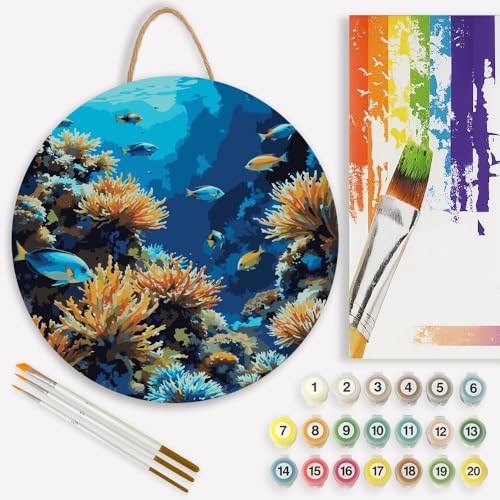 Ocean Life Paint by Numbers Kit for Adults on Wood Board – DIY Colorful Fish and Coral Underwater Wood Craft Painting Kit, 12 in Round, Acrylic Paint Set, Beginner-Friendly, Relaxing Home Decor Gift - color: FM05256-12 IN Round Wood