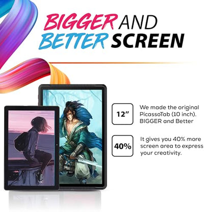 PicassoTab A12 Drawing Tablet • No Computer Needed • Large 12" Laminated 2K Screen • Lifetime PRO Drawing & Tutorials Apps • Stylus Pen • Android 14 • Standalone Graphics Tablet for Pro Artists -A12 - size: 12 Inch Large Screen