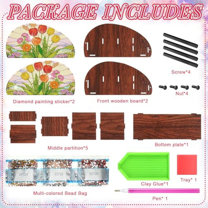 Novabright 3 Pcs Stained Glass Flower Diamond Art Organizer Storage Boxes DIY Wooden Flowers Diamond Painting Organizer Double Sided Drill Holder for Storing Small Objects Tabletop Centerpiece