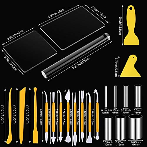 Honoson 24 Pcs Clay Sculpting Tools Kits Polymer Clay Tools DIY Set with Roller, Acrylic Sheet, Scraper Backing Board, Round Circle Shape Cutter, Shaping for Art Craft(Yellow) - color: Yellow