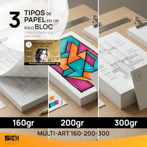 SIDI – A4 Professional Drawing Pad, 160 g/m², Sketchbook Paper, Thick Non-Bleed Paper, for Pencil, Marker and Sketching, Smooth Surface, 25 Drawing Sheets (Essential 160, 25 Sheets)