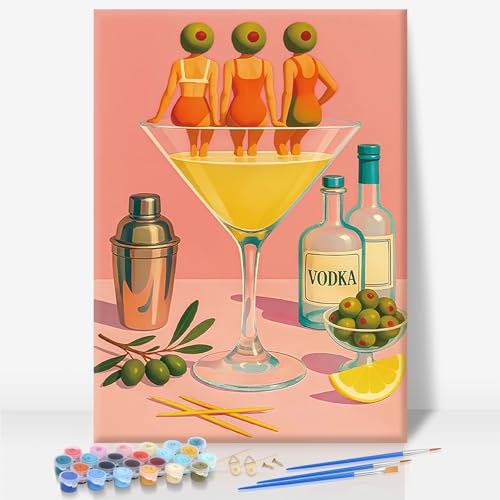 Camocin Framed Paint by Numbers Kit for Adults Beginner - Cocktail Girls Paint by Number Canvas with Frame, Retro Pink DIY Acrylic Painting Kit for Trendy Home Wall Decor 8x12 Inch - color: Cocktail-1, size: 8x12 Inch