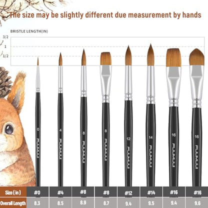 Watercolor Brushes Professional, Fuumuui 8Pcs Sable Paint Brush Set Variety Shapes with Flat, Round Pointed, Cat's Tongue Oval Wash Perfect for Watercolor Acrylic Gouache Inks Painting - color: Black