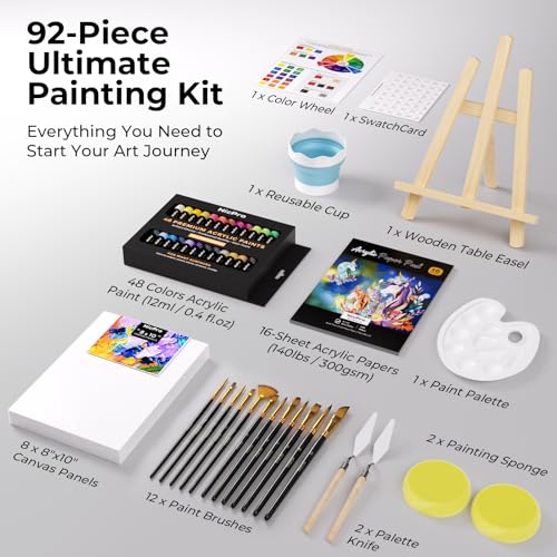 Nicpro 92PCS Acrylic Paint Canvas Set for Adults, Art Painting Supplies Kit with 48 Acrylic Paints,Table Easel,8 Canvas Panels,12 Brushes,Paper Pad,Cleaning Cup, Sponge, Palette for Beginner Artist - color: 92 piece+48 colors
