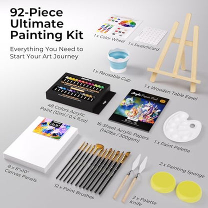 Nicpro 92PCS Acrylic Paint Canvas Set for Adults, Art Painting Supplies Kit with 48 Acrylic Paints,Table Easel,8 Canvas Panels,12 Brushes,Paper Pad,Cleaning Cup, Sponge, Palette for Beginner Artist - color: 92 piece+48 colors