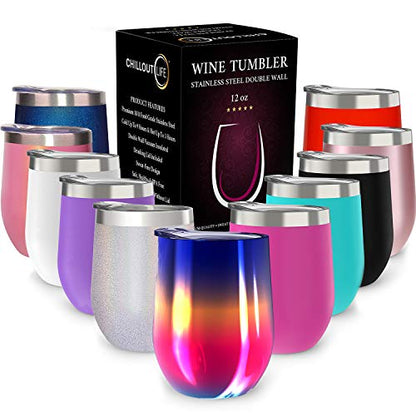 CHILLOUT LIFE 12 oz Stainless Steel Wine Tumbler with Lid - Double Wall Vacuum Insulated Wine Cup Glass Keeping Cold & Hot for Coffee, Champagne, Cocktails, Ice Cream - Colorful Rainbow - color: Rainbow, style: 1 Pack