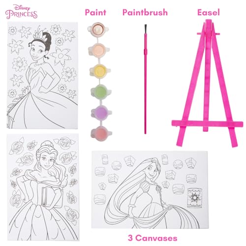 Innovative Designs Disney Princess Canvas Paint Set for Kids with 3 Canvases, Acrylic Paint, Paintbrush, & Easel - Tiana, Belle, and Rapunzel - color: Disney Princess
