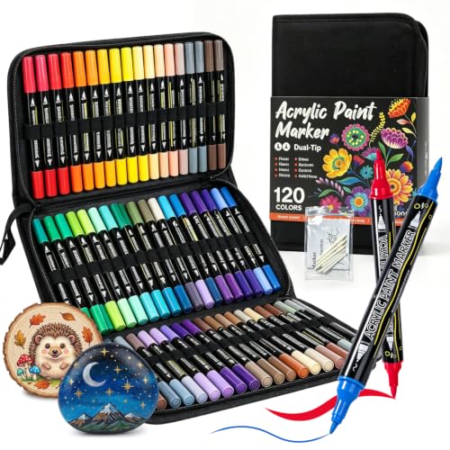 WINSONS 120 Colors Acrylic Paint Markers, Dual Tip with Fine Tip and Brush Tip Pens for Rock Painting Supplies, Canvas, Wood, Calligraphy, Metal, Ceramic, Glass, DIY Crafts Art Supplies Kit - style: 120 Colors - Dual Tip