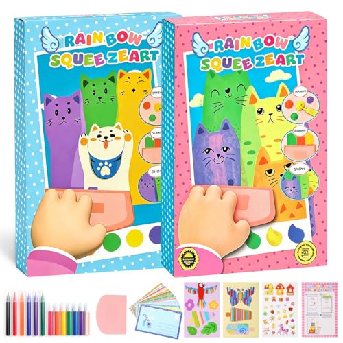Rainbow Squeeze Art Kit, DIY Creative Scratch Art Kit for Kids, Magic Artistic ＆ Creative Squeegee Painting Set, for Drawing ＆Postcards, Favors Novelty Gifts for Boys ＆ Girls (Mix) - color: Mix