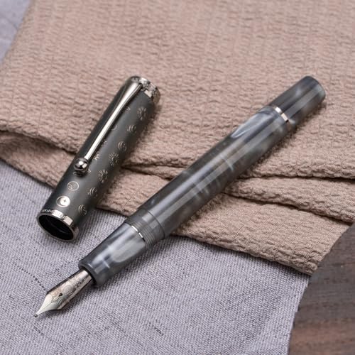 Hongdian N8S Gray Resin Fountain Pen Rabbit Pattern Cap, Iridium Medium Nib with Converter and Metal Pen Case Set - color: N8S Gray, style: Medium Point