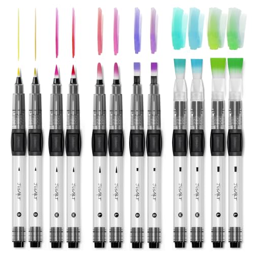 JusArt Water Brush Pens 12-Pack Leak-Proof Refillable Watercolor Pens for Acrylic and Gouache Painting - Includes Pointed & Flat Tip Styles - Portable Water Brushes for Artists, Beginners, Adults - color: 12 Pcs Black