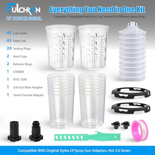 Disposable Paint Cups for Spray Guns, 45PCS 27oz (800ml) Paint Mixing Cup System with Lids, 2 Hard Cups & Retainer Rings, Ideal for Automotive Paint, Primer, Sealer and Clear Coat - size: 27 ounce