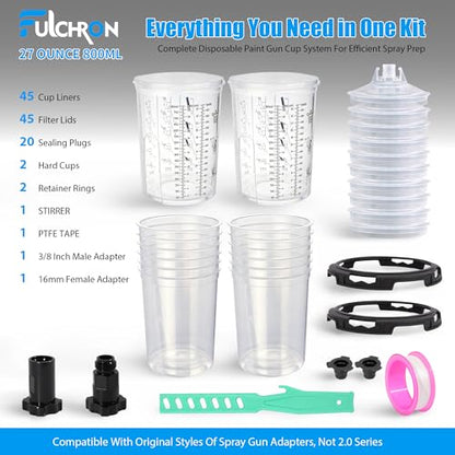 Disposable Paint Cups for Spray Guns, 45PCS 27oz (800ml) Paint Mixing Cup System with Lids, 2 Hard Cups & Retainer Rings, Ideal for Automotive Paint, Primer, Sealer and Clear Coat - size: 27 ounce