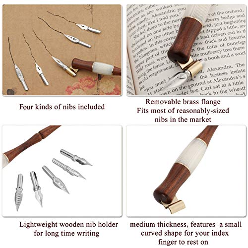 Yoption Wood Dip Pen Set, Calligraphy Oblique Nib Holder With Desktop Pen Holder, Ink Bottle Container and 5 Nibs Kit - color: Dip Pen Set