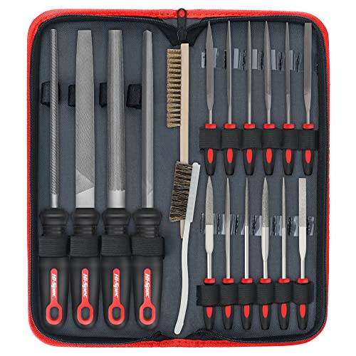 Hi-Spec 18 Piece Metal Hand & Needle Files Tool Set Kit. Large & Small Mini T12 Carbon Steel Diamond Flat, Half, Round, Triangle Files for DIY, Wood and Crafts. Complete In a Zipper Case with Brushes - size: 18 pieces