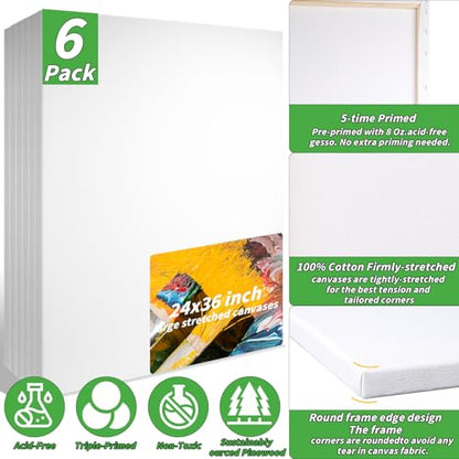 6 Pack Stretched Canvases for Painting 24x36 100% Cotton Large Canvas Boards for Painting Bulk, White Painting Canvas for Oil, Acrylic Paint & Other Painting Media - style: 24x36In-6 Pack