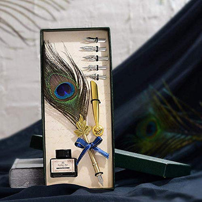 Feather Quill Pen Ink Set-Vintage Peacock Feather Pen with Holder,5pc Metal Pen Nib Writing Calligraphy Pen Set for Beginner
