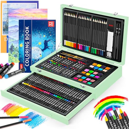 iBayam Art Supplies, 150-Pack Deluxe Wooden Art Set Crafts Drawing Painting Kit with 1 Coloring Book, 2 Sketch Pads, Creative Gift Box for Adults Artist Beginners Kids Girls Boys - color: Macaron green