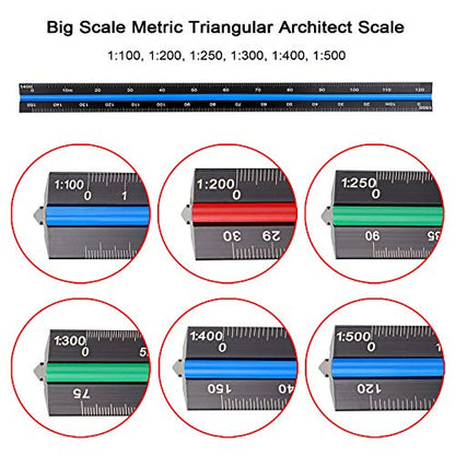 OwnMy 3 Pack 30CM Solid Aluminum Triangular Architect Scale Ruler Set, 3-Colors-Groove Architectural and Engineer Scale Metal Ruler Set, Clear Scale Metal Drafting Rulers for Civil Engineer Blueprint - style: Metric Scale