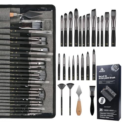 Professional Paint Brushes Set of 25 for Acrylic Painting - Oil & Watercolor Brush Kit with 9 Shapes, Canvas Roll, Synthetic Bristles, Ergonomic Handles（Matte Black） - color: Black Matte