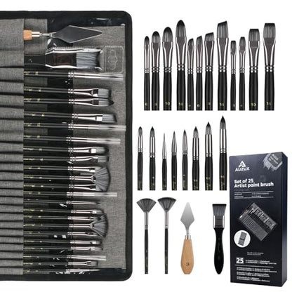 Professional Paint Brushes Set of 25 for Acrylic Painting - Oil & Watercolor Brush Kit with 9 Shapes, Canvas Roll, Synthetic Bristles, Ergonomic Handles（Matte Black） - color: Black Matte