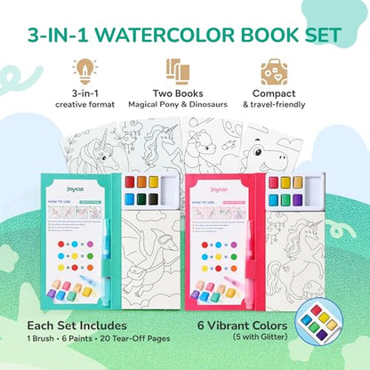 JoyCat 2 Pack Pocket Paint with Water Coloring Books for Kids, Art & Craft Activity Toy Set, Creative Travel & Home Painting Kit, Gifts for Girls & Boys Ages 3-8 (Magical Pony & Dinosaurs) - style: 2 Pack - Magical Pony & Dinosaurs