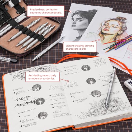 Nicpro 30PCS Silver Metal Mechanical Pencils Set in Leather Case, Art Drafting Pencil 0.5, 0.7, 0.9 mm, 2mm Lead Pencil Holder for Sketching Drawing With 16 Tube (6B 4B 2B HB 2H 4H Colors)Lead Refill - color: Silver