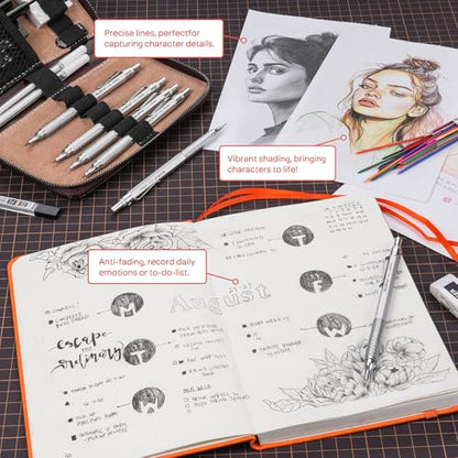 Nicpro 30PCS Silver Metal Mechanical Pencils Set in Leather Case, Art Drafting Pencil 0.5, 0.7, 0.9 mm, 2mm Lead Pencil Holder for Sketching Drawing With 16 Tube (6B 4B 2B HB 2H 4H Colors)Lead Refill - color: Silver