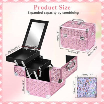 Makeup Case Organizer,Makeup Train Case, Trays Cosmetic Box Portable, Profesional for Salon Barber,Pink - color: Pink