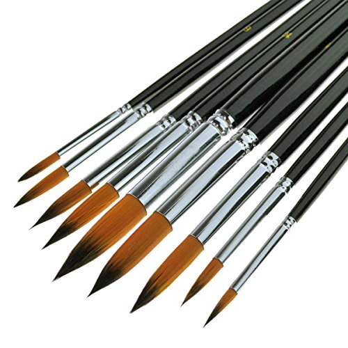 9pcs Round Pointed Tip Pony Hair Artists Filbert Paintbrushes | Watercolor, Paint Brush Set, Acrylic Oil Painting Brush, black