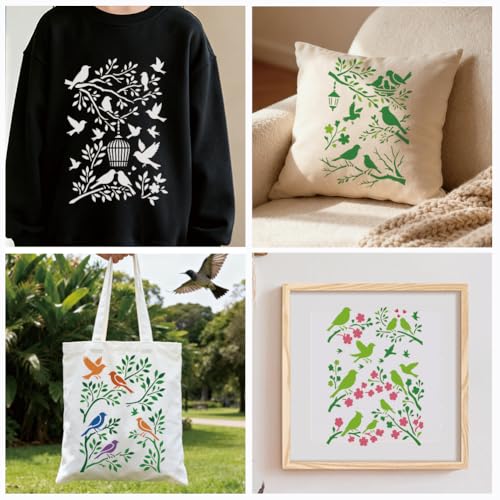 4 Sheets Bird Branches Stencils for Painting, 4 Styles Large Reusable Birds on Tree Drawing Template Birdcage Tree Silhouette Templates for Painting on Canvas Wood Wall Home Decor - style: Bird Branches
