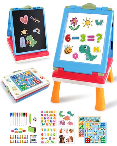 Elovien Easel for Kids, 4 in 1 Double Sided Toddler Art Easel with Chalkboard & Magnetic Whiteboard, Foldable Kids Tabletop Easel with Drawing & Writing Accessories - Gift for Boys and Girls (Blue) - color: Blue