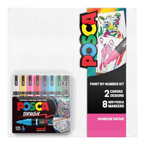 POSCA Canvas Paint by Number Kit, Rainbow Safari - 8 Acrylic Markers with 2 Pre-Drawn Canvases - Gift Set for Artists, Adults and Kids - color: Rainbow Safari