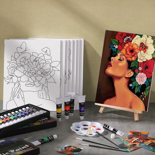 Cholemy 36 Pcs Paint and Sip Kit for Adults 8''x10'' Pre Drawn Canvas for Painting DIY Afro Acrylic Painting Kit Wood Easel Brushes Date Night Bulk for Summer 4th of July Party Gift(Flower Lady) - style: Flower Lady
