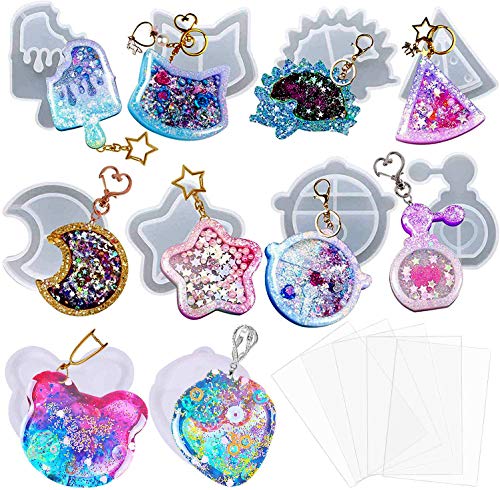 Larcenciel 15pcs Resin Casting Shaker Molds Set, 10pcs Epoxy Quicksand Silicone Molds with 5pcs PVC Sheets, Resin Shaker Mold for Pendant Jewelry Keychain Decoration Craft Making DIY - color: 10PCS