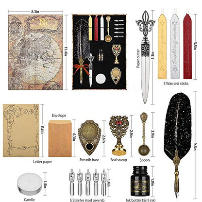 NC Quill Pen ink Set,Feather Pen ink Set Includes Feather Dip Pen,Ink,5 Replacement Nibs,3 Wax Seal Sticks,Pen Nib Base,Seal Stamp, White Wax,Spoon,Envelope letter paper, Envelope Tool (Black)