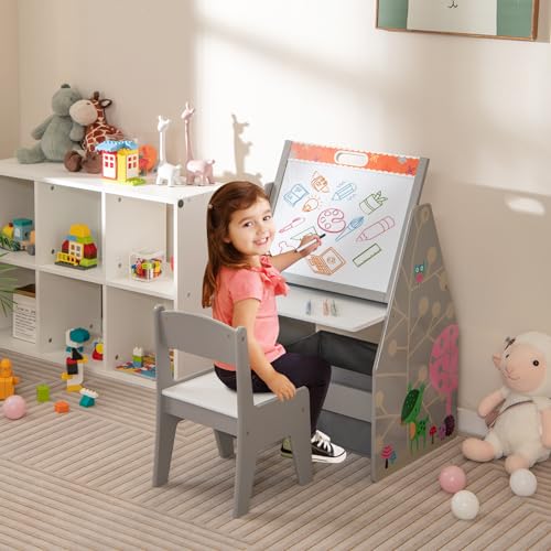 HONEY JOY Kids Art Easel, Wooden Double-Sided Toddler Table & Chair Set w/Adjustable Magnetic White Board & Chalkboard, Bookshelf & Storage Bin, Arts & Crafts, Kids Art Table for Boys Girls (Gray) - color: Gray