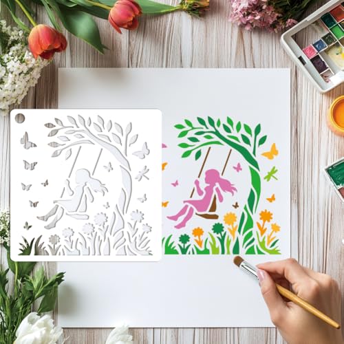 6 Sheets Tree Swing Stencils for Painting, 6 Styles Family Friends Swinging Under The Tree Wall Stencil Template Flower Tree Branch Stencils for Painting on Wall Wood Home Decor - style: Swing under the Tree