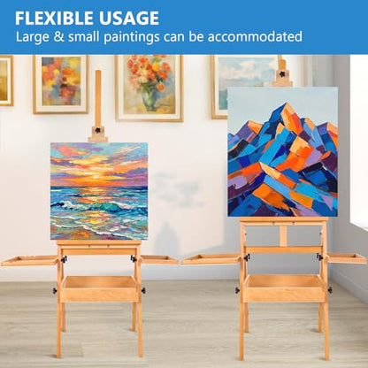 Falling in Art Large Wooden Painting Easel with Storage Drawer and Palettes, H-Frame Studio Easel Stand Holds Canvas up to 36 Inches, Suitable for Adults, Beginners, and Artists - style: Natural