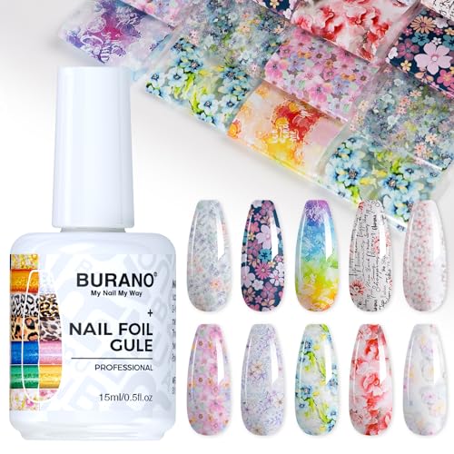 BURANO Nail Art Nail Foil Glue Gel, o.5 oz with 10PCS Foil Stickers Set Nail Foil Glue for Nails Foil Transfer Gel, Nail Design DIY UV LED Lamp Required (Flower Foil 11) - color: Flower Foil 11