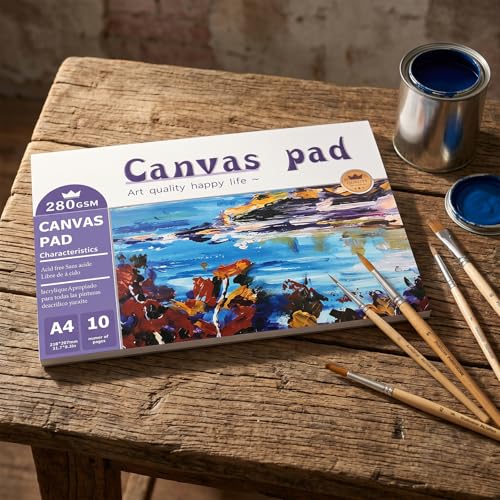 A4 Canvas Paper Pad for Acrylic Painting, 280GSM Heavyweight Canvas Notebook 10 Sheets, Acrylic Paper Painting Book for Oil Paint, Gouache and Mixed Media, Bound Canvas Pad for Artists and Beginners