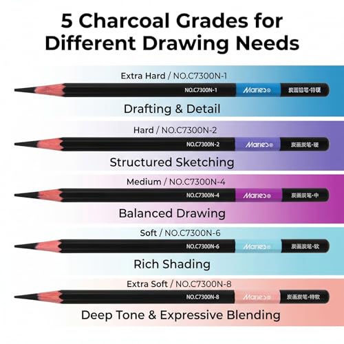 Marie's Charcoal Pencils for Drawing, 10 Pieces, Extra Hard Hard Medium Soft Extra Soft, Sketching Pencils for Artists, Smooth Charcoal Core for Layering, Blending and Detailed Artwork(Medium) - style: Medium (10pcs)