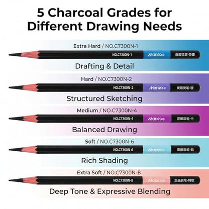 Marie's Charcoal Pencils for Drawing, 10 Pieces, Extra Hard Hard Medium Soft Extra Soft, Sketching Pencils for Artists, Smooth Charcoal Core for Layering, Blending and Detailed Artwork(Soft) - style: Soft (10pcs)