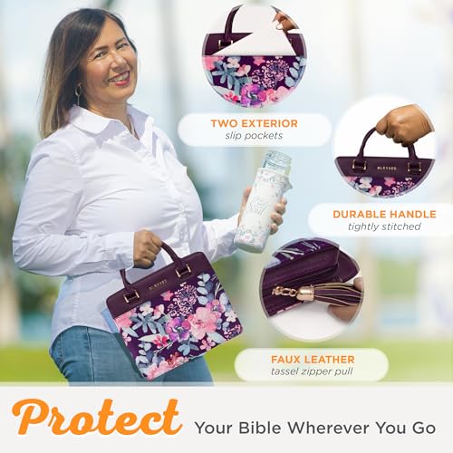 Christian Art Gifts Women's Fashion Bible Cover Purse Style Blessed, Purple Floral Faux Leather, Large - size: Large