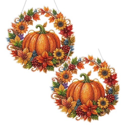 Autumn Harvest Pumpkin Diamond Art Hanging Ornament Kit, DIY Fall Pumpkin Craft with Sunflowers, DIY Diamond Painting Kit – Acrylic Hanging Display, Complete DIY Set with Accessories (2pcs) - color: 2pcs