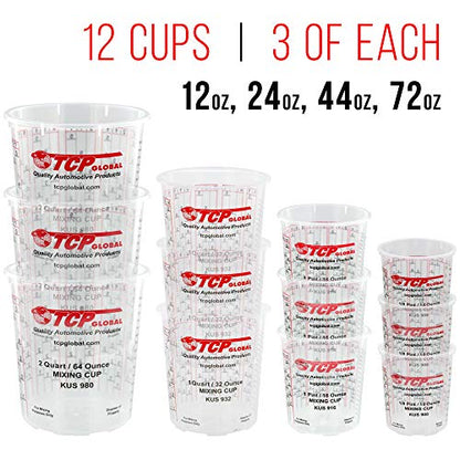 Pouring Masters Paint Mixing Cup Kit - 12 Plastic Paint Cups (3 of Each Size 12, 24, 44, 72 Ounce), Sticks, Strainers, Tack Cloths, Mixer Blade & Can Opener - Epoxy Resin Mixing Cups for Measuring