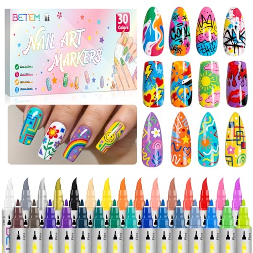 Betem Nail Art Pens Set, Dual Tip 30 Colors Nails Art Markers Non-Toxic, Quick-drying Nail Polish Pens, Acrylic Nail Kit for Home & Salon DIY, Easy French Manicure Tool, Gifts for Mom, Friends - color: Upgraded 30 Colors