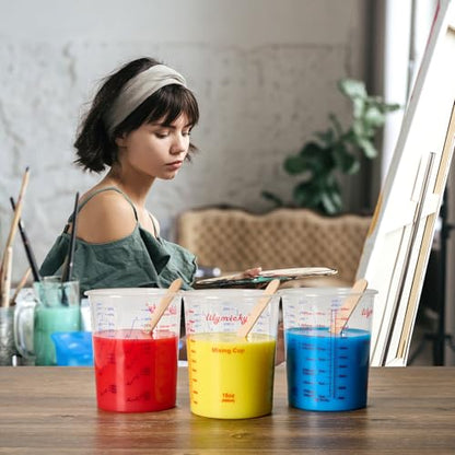 Lilymicky 16 oz Plastic Mixing Cups, 100 Pack 16 oz (500ml) Disposable Measuring Cups with 100 Wooden Mixing Sticks, Can Be Used for Epoxy Resin, Liquid Measuring, Paint, Cooking and Baking