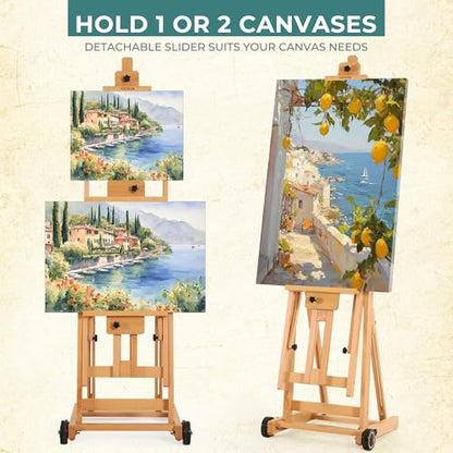 VISWIN Studio H-Frame Easel, Tilting Flat & Adjustable Beech Wood Art Easel for Painting, Movable Large Easel Stand for Adults, Artists, Hold 1 or 2 Canvas up to 78" - Natural - color: Natural