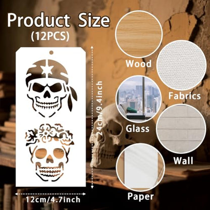 12 Sheets Skeleton Flame Painting Stencils, 24 Styles Halloween Skull Drawing Templates Reusable Border Stencil for Painting on Wall Wood Home Decor - style: Skeleton Flame